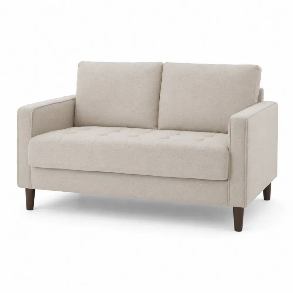 2-Sitzer Sofa mit Armlehnen Polyestergewebe Knopfheftung Kautschukholzbeinen Beige Dunkelbraun 145 x 82 x 85 cm