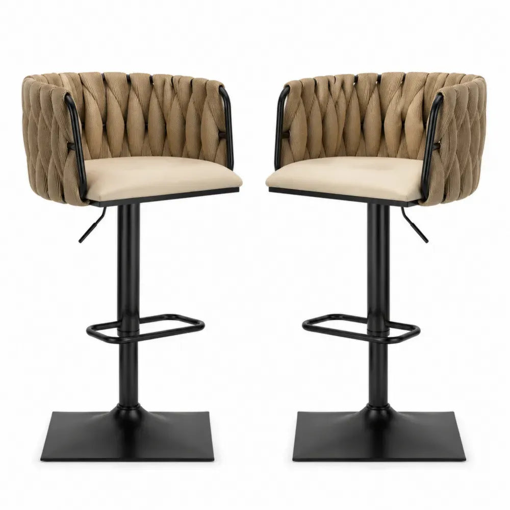 Barhocker 2er Set höhenverstellbar mit Armlehnen Polyester-Gurtgeflecht PU-Kunstleder Stahl Beige Taupe Schwarz je 55 x 55 x 90 bis 111 cm