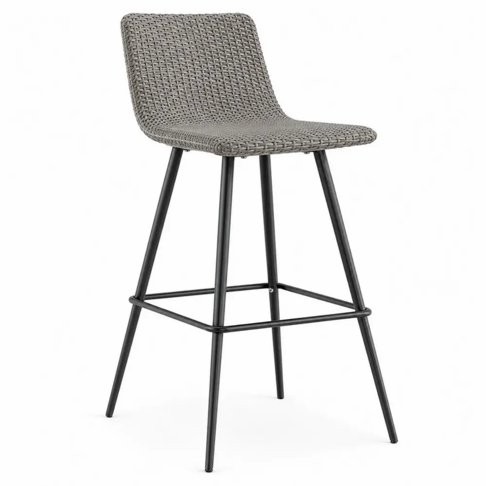 Barhocker mit Rückenlehne aus PE-Rattan-Geflecht und pulverbeschichtetem Stahl grau schwarz 48 x 52 x 105 cm