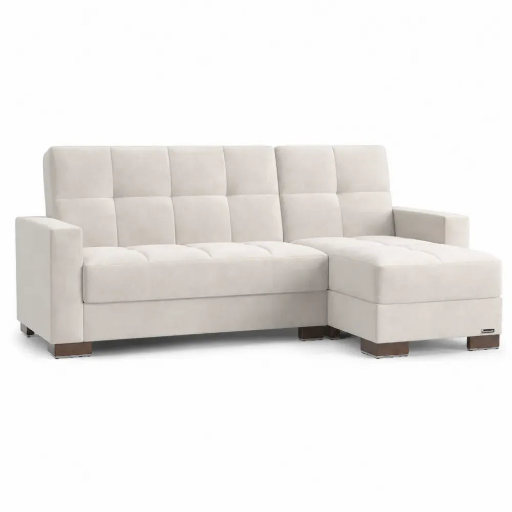 Ecksofa mit Recamiere rechts L-Form aus Polyester-Mikrofaser mit Holzfüßen Cremeweiß Dunkelbraun 230 x 150 x 88 cm
