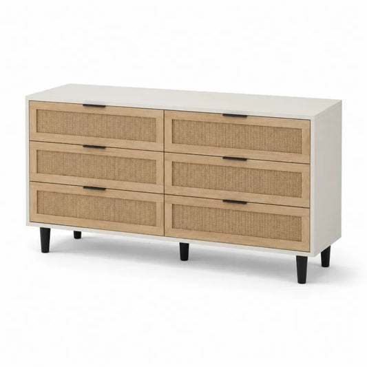 Sideboard mit 6 Schubladen Rattanfronten MDF Korpus pulverbeschichteten Stahlbeinen rechteckig Weiß Natur Schwarz 160 x 40 x 78 cm