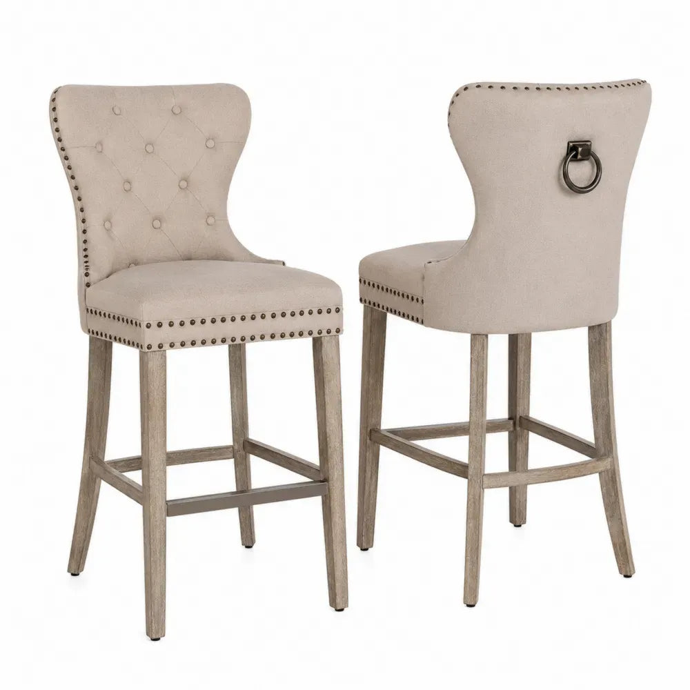 Barhocker 2er Set mit Rückenlehne Polyesterbezug Knopfheftung Gummibaum-Massivholzgestell Beige Grau Antikmessingfarben je 51 x 58 x 108 cm