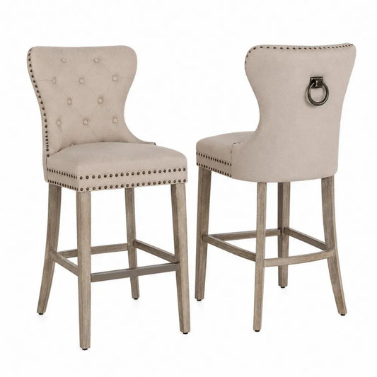 Barhocker 2er Set mit Rückenlehne Polyesterbezug Knopfheftung Gummibaum-Massivholzgestell Beige Grau Antikmessingfarben je 51 x 58 x 108 cm