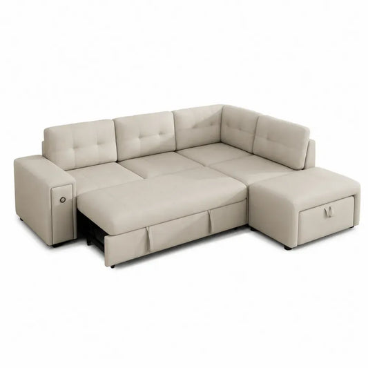 Ecksofa mit Schlaffunktion und Bettkasten L-Form PU-Kunstleder Beige Schwarz 260 x 170 x 85 cm Recamiere rechts