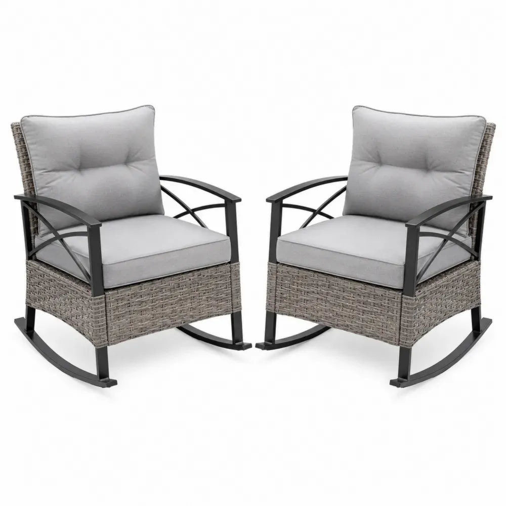 2er Set Gartenschaukelstühle mit Armlehnen aus Polyethylen-Rattan und Stahl Grau Beige Schwarz 68 x 82 x 88 cm je Sessel