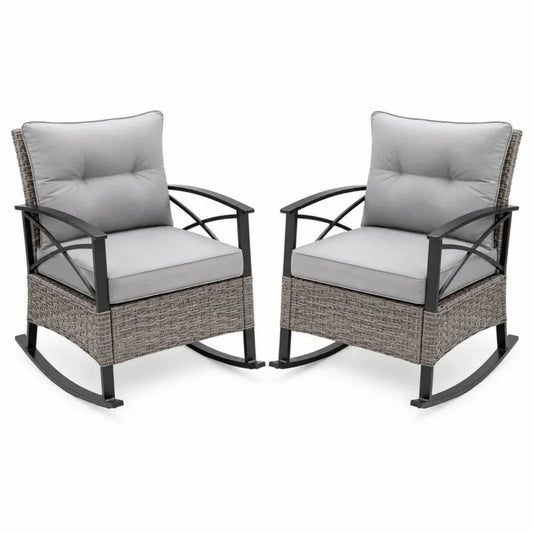 2er Set Gartenschaukelstühle mit Armlehnen aus Polyethylen-Rattan und Stahl Grau Beige Schwarz 68 x 82 x 88 cm je Sessel