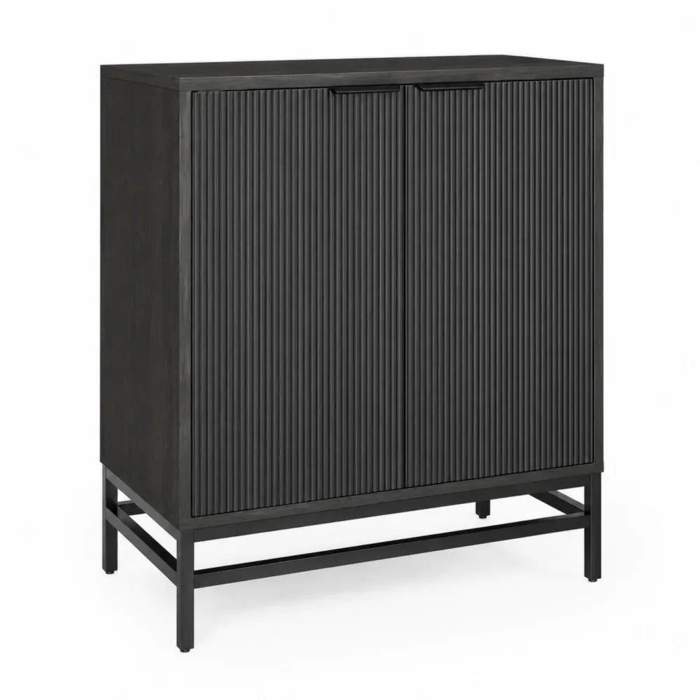 Aufbewahrungsschrank mit 2 Türen rechteckig aus MDF und Spanplatte mit Stahlgestell Lamellenfront Schwarz 90 x 40 x 110 cm