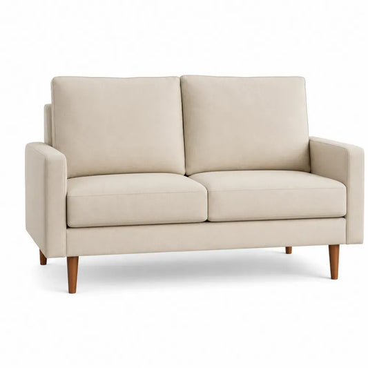 2-Sitzer Sofa rechteckig mit Armlehnen Polyesterbezug Schaumstoffpolster und Gummibaum-Massivholzbeinen Beige Naturbraun 150 x 82 x 86 cm