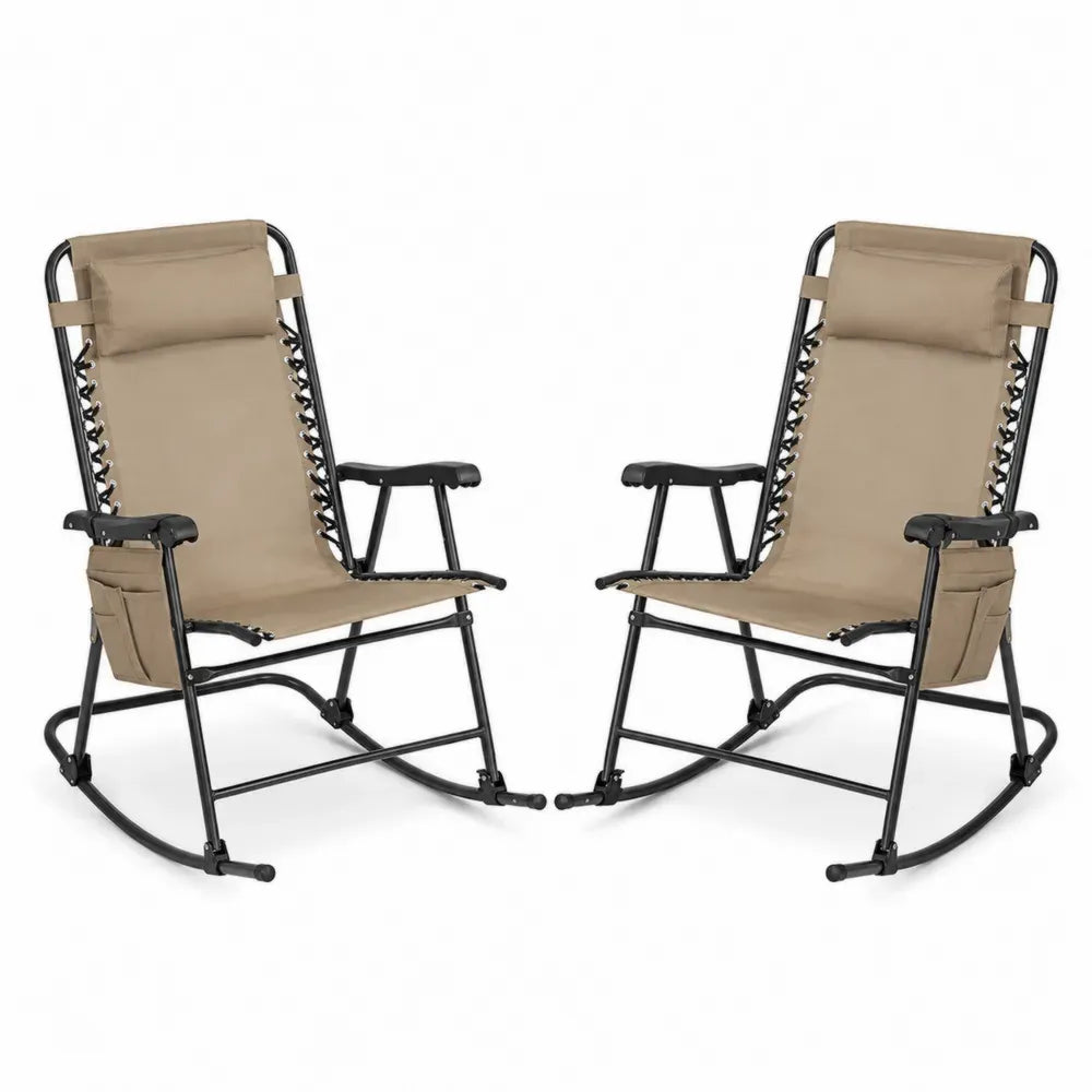 2er Set Garten Schaukelstühle aus Polyester-Oxford und Stahl Beige Schwarz 98 x 66 x 115 cm je Stuhl mit Kopfkissen