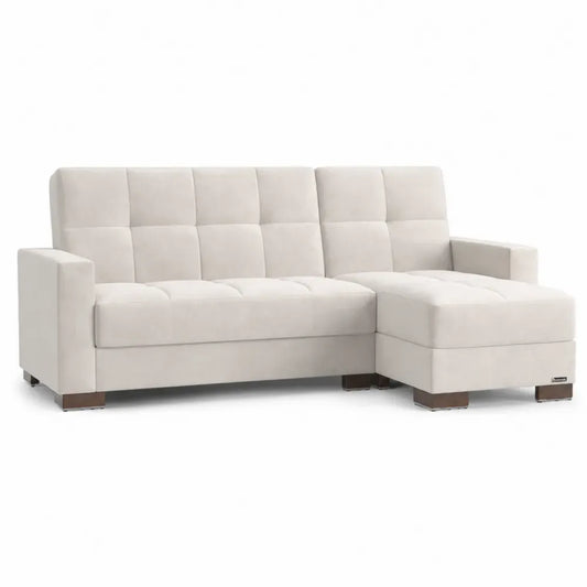 Ecksofa mit Recamiere rechts L-Form aus Polyester-Mikrofaser mit Holzfüßen Cremeweiß Dunkelbraun 230 x 150 x 88 cm