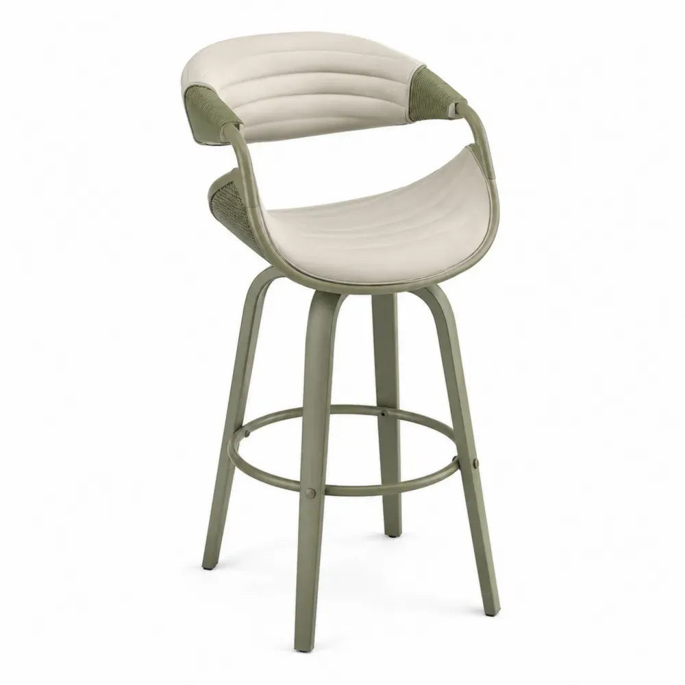 Barhocker mit Rückenlehne Armlehnen PU Leder PP Seilbespannung pulverbeschichtetem Stahlgestell Beige Salbeigrün 106 x 55 x 56 cm