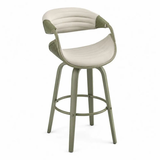 Barhocker mit Rückenlehne Armlehnen PU Leder PP Seilbespannung pulverbeschichtetem Stahlgestell Beige Salbeigrün 106 x 55 x 56 cm