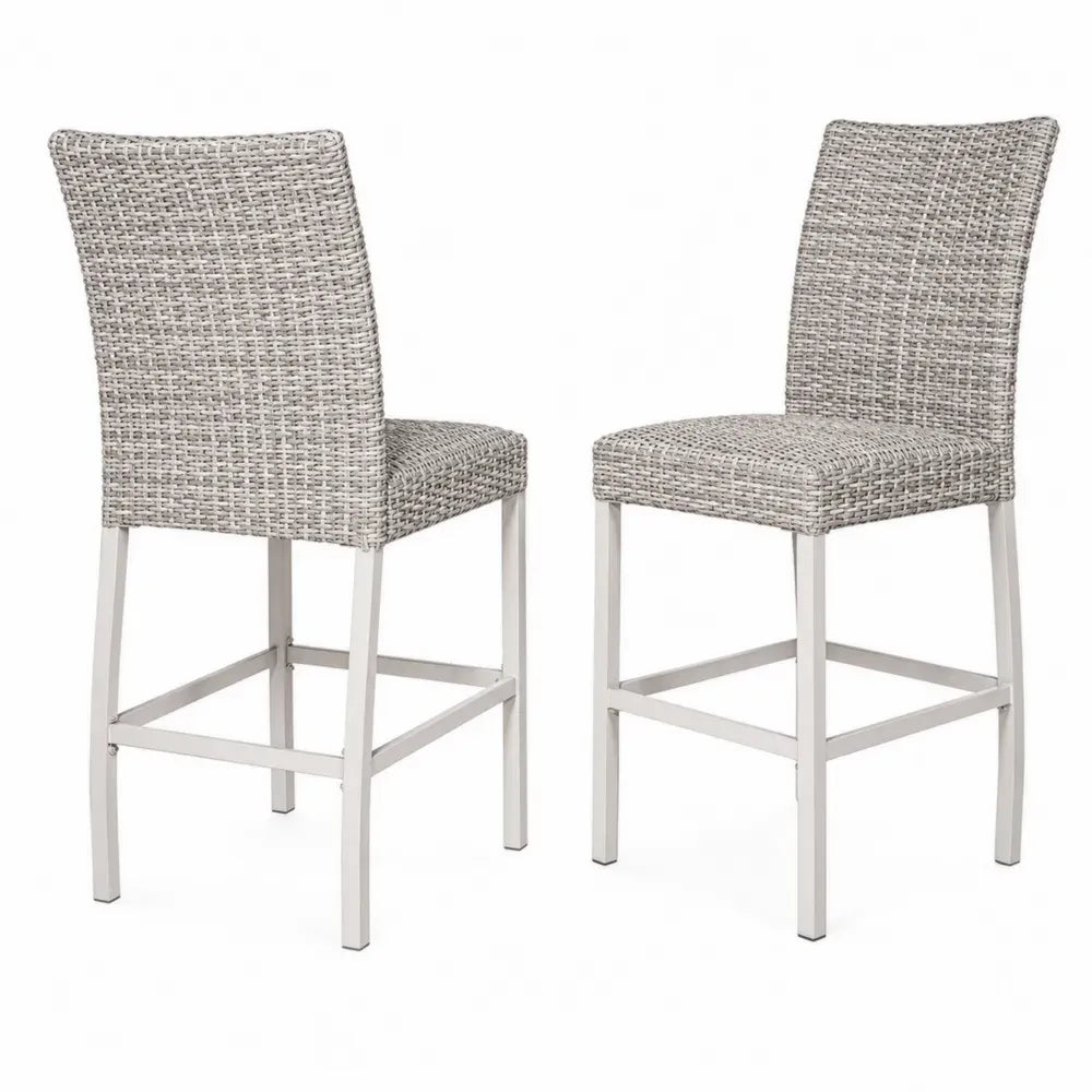 Barhocker 2er Set mit Rückenlehne aus PE-Rattan und pulverbeschichtetem Stahl Grau-Beige Weiß je 45 x 52 x 104 cm