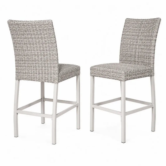 Barhocker 2er Set mit Rückenlehne aus PE-Rattan und pulverbeschichtetem Stahl Grau-Beige Weiß je 45 x 52 x 104 cm