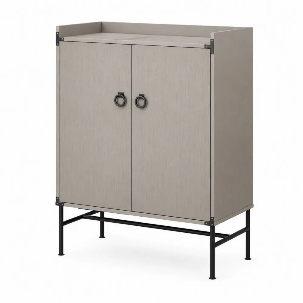 Aufbewahrungsschrank mit 2 Türen Ringgriffen MDF PVC Dekorfolie pulverbeschichtetem Stahlgestell rechteckig Greige Schwarz 80 x 40 x 105 cm