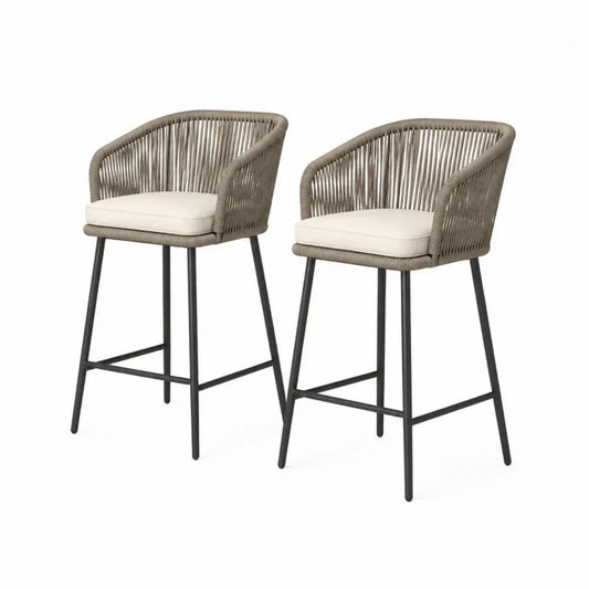Barhocker 2er Set mit halbrunder Rückenlehne Armlehnen PE Rattan Geflecht Polyesterpolster pulverbeschichtetem Stahlgestell Taupe Beige Schwarz 58 x 57 x 101 cm