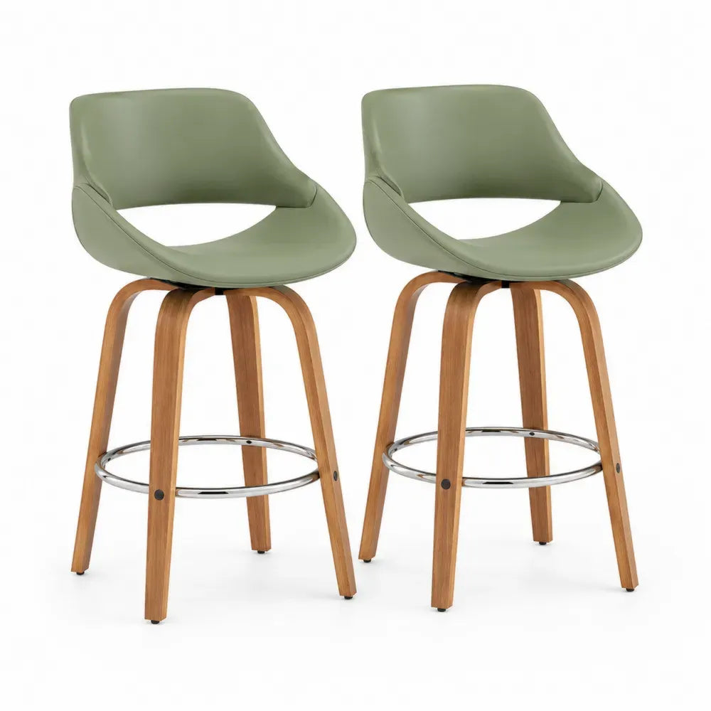 Barhocker 2er Set drehbar mit runder PU Kunstleder Sitzschale Buchenmassivholz Beinen verchromter Stahl Fußstütze Olivgrün Naturfarben Silberfarben 53 x 53 x 96 cm