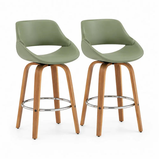 Barhocker 2er Set drehbar mit runder PU Kunstleder Sitzschale Buchenmassivholz Beinen verchromter Stahl Fußstütze Olivgrün Naturfarben Silberfarben 53 x 53 x 96 cm